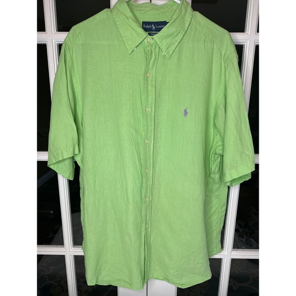 Ralph Lauren Classic Fit Green Linen Short Sleeve Shirt Mens XL - Picture 1 of 7